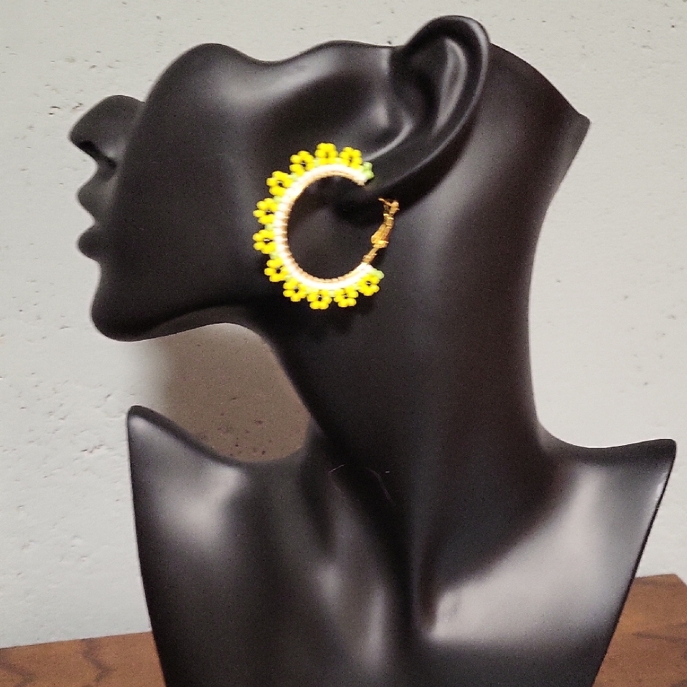 Handmade Floral beaded Earrings – Yellow, Green, and White.